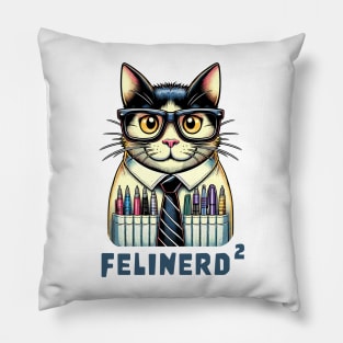 Felinerd Squared, Hipster Cat T-Shirt, Feline Nerd with Glasses Graphic Tee, Funny Cat Lover Gift, a square cat squared Pillow