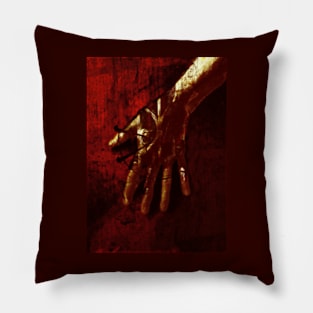 Digital collage, special processing. Red tint, gold hand, mystic. Ugly grainy texture on close up, so beautiful on distance. Pillow