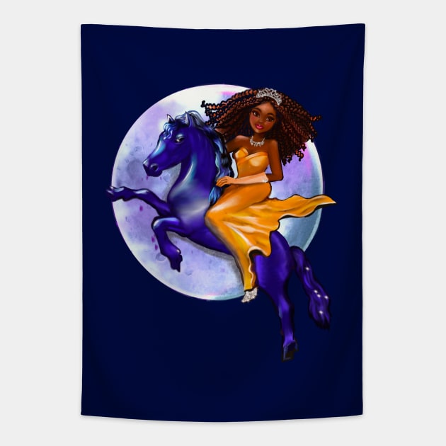 Royal Black queen Melanin Black woman anime girl princess on horse ! moon black girl with Afro hair in braids,dark brown skin Tapestry by Artonmytee