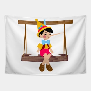 Pinocchio sitting on a swing bench. Tapestry