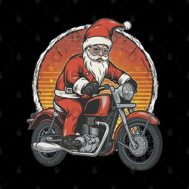 Santa Claus on a vintage motorcycle,target team member, dart lover, bullseye, bullseye shop, target team member new, christmas  for kids, red, target employee, retail, employees, dartboard, fulfillment, funny dog, cute puppy by designe stor 