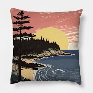 Nature  Large Round Yellow And Orange Sun Waves And  Coniferous Trees Pillow