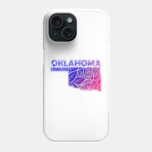 Colorful mandala art map of Oklahoma with text in blue and violet Phone Case
