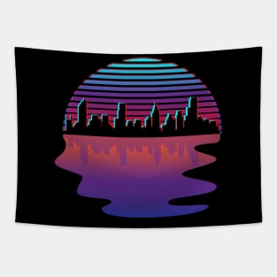 Synthwave City Skyline Silhouette Glitch Art Design Tapestry