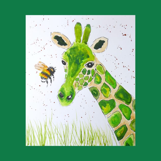 Cute Green Giraffe and a Bumble bee by Casimirasquirkyart