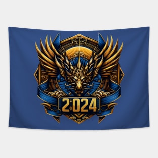 Wooden Gold Blue Dragon 2024 Tapestry