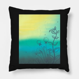 Botanical Meadow Scene yellow blue green Pillow