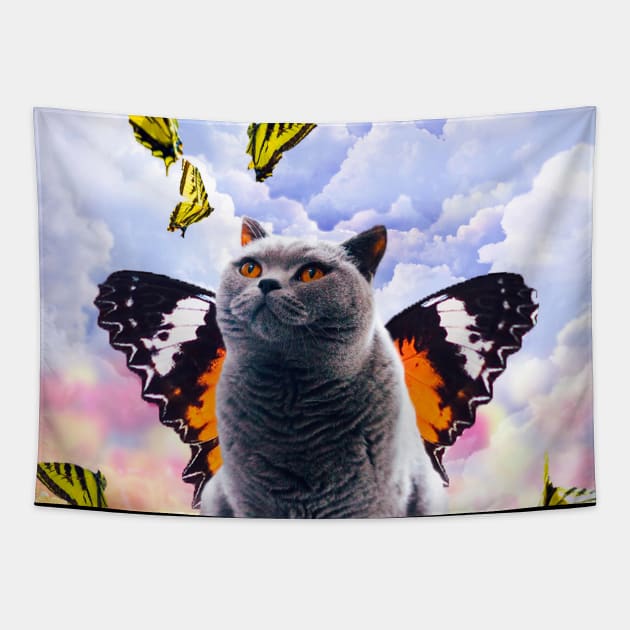 Cute Colorful Cat Butterfly Tapestry by Random Galaxy