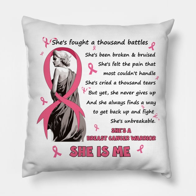 She's Fought A Thousand Battles She'S A Breast Cancer Warrior Pillow by Schoenberger Willard