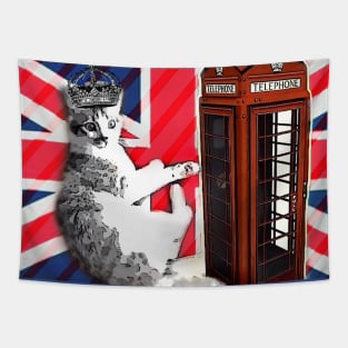 1980s dark academia uk union jack flag london telephone booth funny royal kitty cat Tapestry