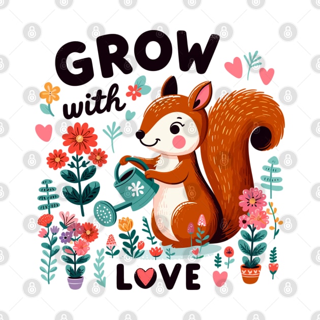 Garden Heartbeat: "Grow with Love" Lively Squirrel Illustration by WEARWORLD