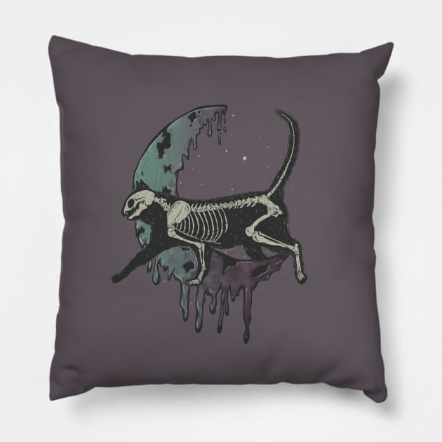 Cat Skeleton over the moon Pillow by Jess Adams