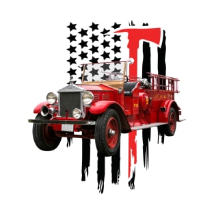 Vintage Fire Truck with Firefighter Flag T-Shirt