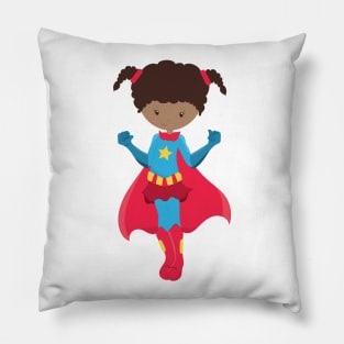 African American Girl, Superhero Girl, Red Cape Pillow