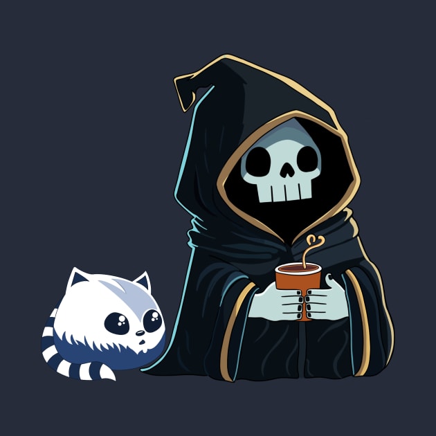 Cute Grim Reaper with Cat Having Coffee by RoeArtwork