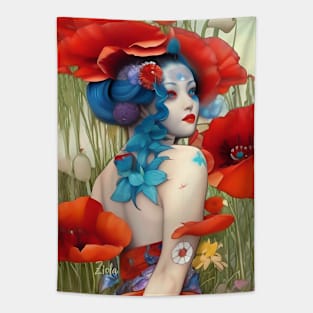 Japanese Pop Surrealism Flowers Poppies Cute Girl Geisha Tapestry