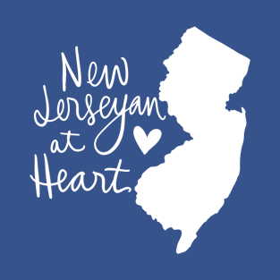 New Jerseyan At Heart: New Jersey State Pride Calligraphy State Silhouette T-Shirt