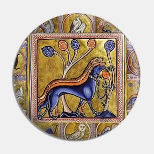 MEDIEVAL BESTIARY THREE DOGS, FANTASTIC ANIMALS IN GOLD RED BLUE COLORS Pin