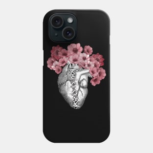 Broken heart, Human heart illustration art, laces, with red anemones, tied heart, sewn heart Phone Case