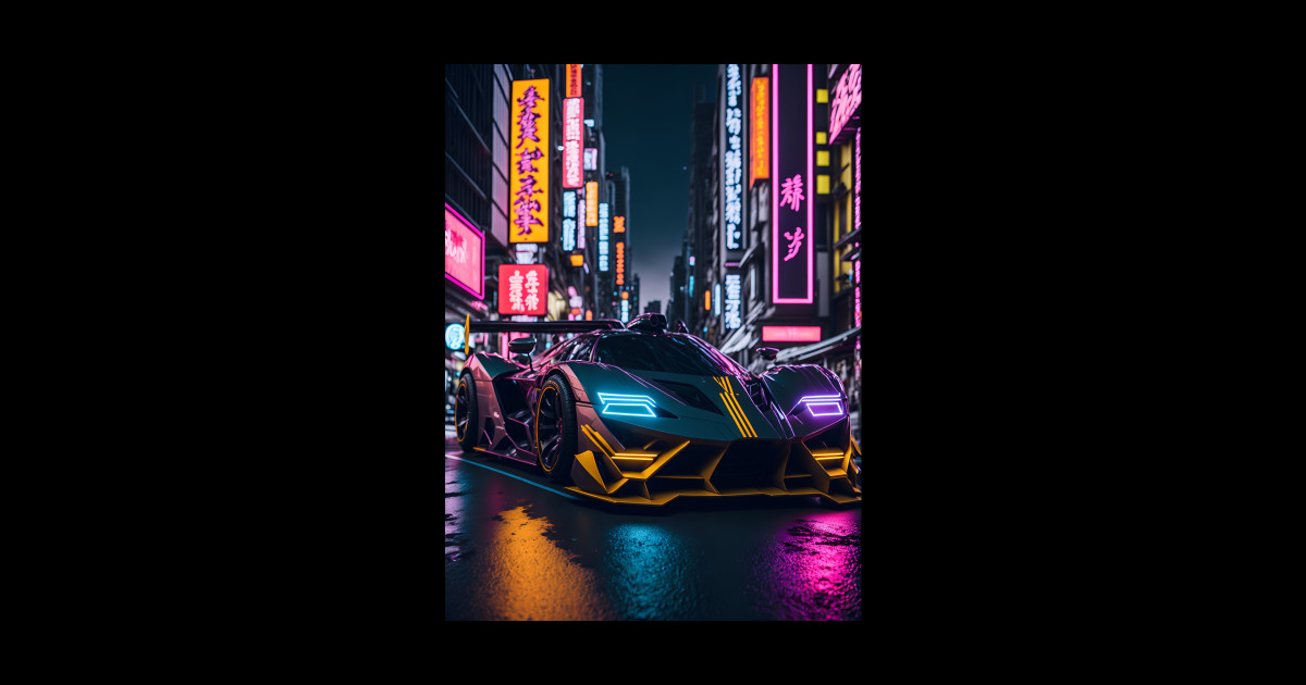 Dark Neon Sports Car in Japanese Neon City - Sports Car Racing - Magnet ...