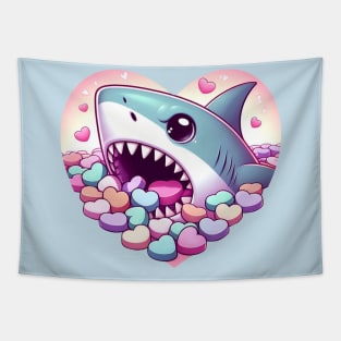 Shark eating valentines candies Tapestry