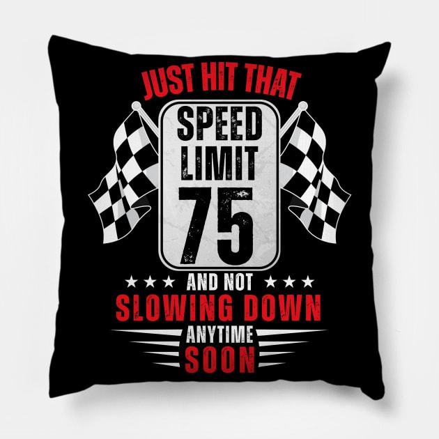 75th Birthday Speed Limit Sign 75 Years Old Funny Racing Pillow by HollyDuck