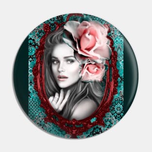 Green and Pinik roses Painting with Beautiful Girl, Vintage Art Digital Artwork Pin