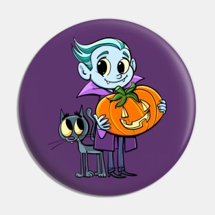 little dracula holds a pumpkin for halloween and the cat flies around his legs Pin