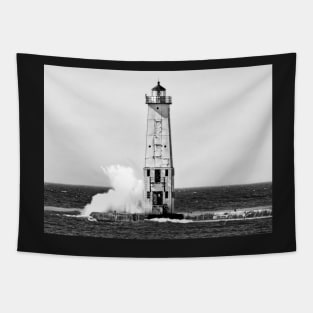 Frankfort "North Breakwater" Lighthouse - Black & White Tapestry