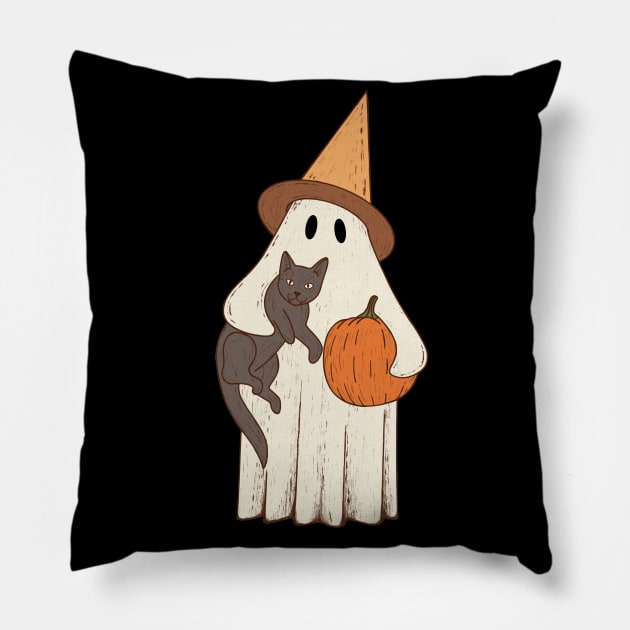 Vintage Ghost with Cat Halloween Graphic Pillow by gogo-jr