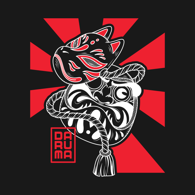 Japanese daruma doll with kitsune mask illustration by Spes.id