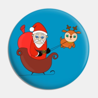 Santa Claus on the Sleigh with a Cute Reindeer Pin