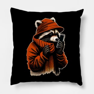 Raccoon on the Phone in Red Coat Pillow