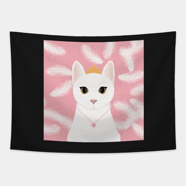 The cute white cat queen is watching you , white feathers and small kitten footsteps in the pink background Tapestry by marina63