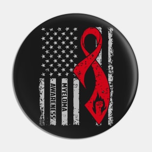 Myeloma Awareness 4th Of July American Flag Burgundy Ribbon In This Family No One Fights Alone Pin