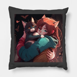 2d illustration of woman hugs her cat in anime style Pillow