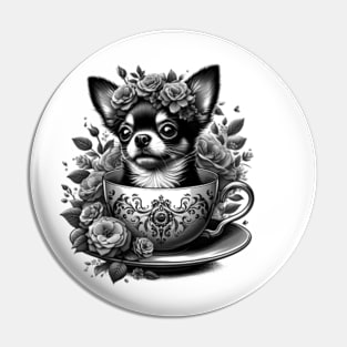 chihuahua peeking dog out from a teacup, surrounded by delicate flowers Pin