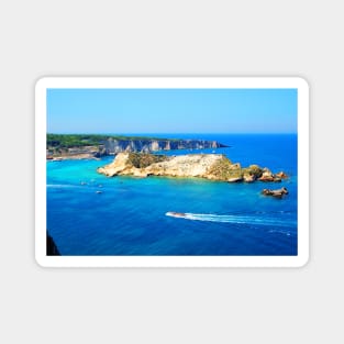 Panorama from Tremiti Islands with a motorboat cruising the Adriatic Sea, island and ridge Magnet