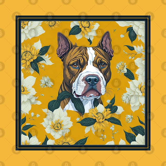 Dogs, pitbull and flowers, dog, seamless print, style vector (yellow flowers & pitbull #2) by xlhombat