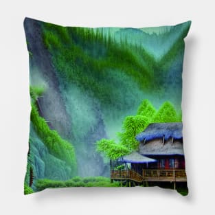 Digital Painting of a Beautiful Blue cottage Tree house near River and Greenery Mountains Pillow