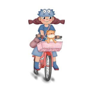 Girl Cycling With Bear Doll T-Shirt