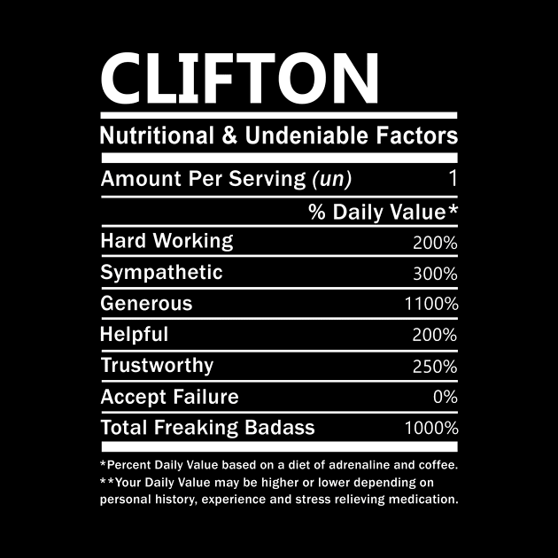 Clifton Name T Shirt - Clifton Nutritional and Undeniable Name Factors Gift Item Tee by nikitak4um