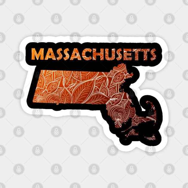 Colorful mandala art map of Massachusetts with text in brown and orange Magnet by Happy Citizen