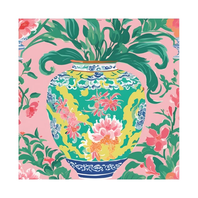 Yellow chinoiserie jar on pink by SophieClimaArt