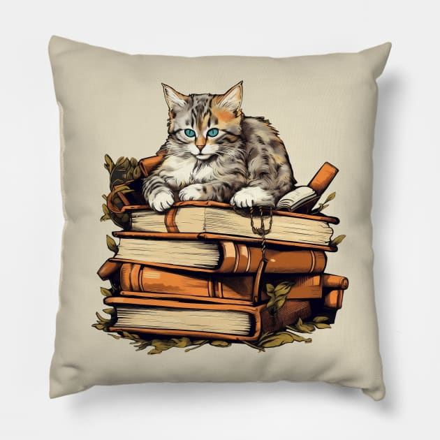 Bookish cat sleeping on books - Kitten lady & librarian gift Pillow by OutfittersAve