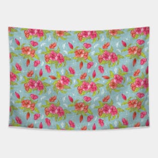 Beautiful Pink Flowers on Green Background Tapestry