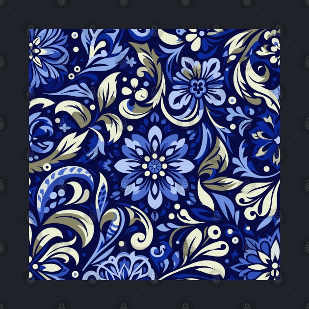 Retro Blue Flower Pattern on Navy Blue by Siha Arts