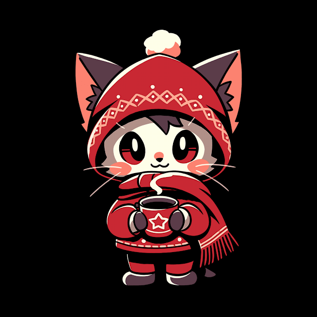 Adorable Kawaii Christmas Coffee Cat by Indigo Lake