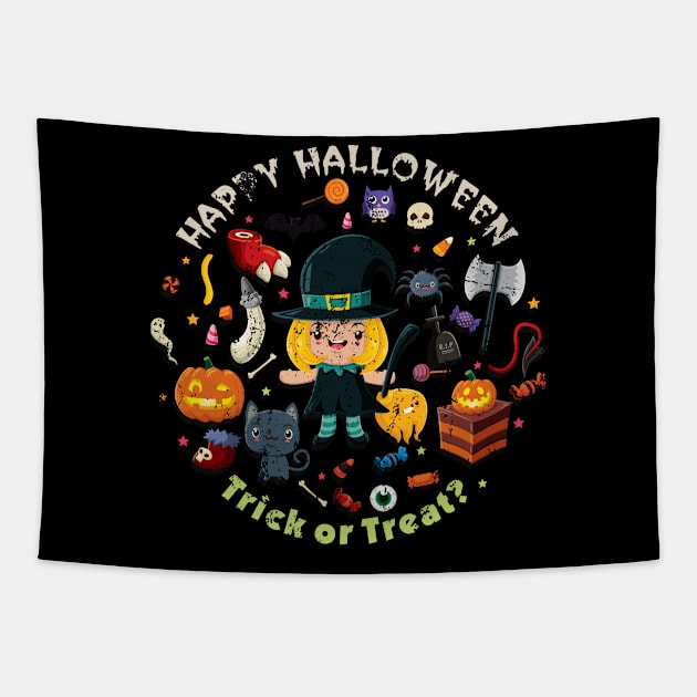 Kids Happy Halloween Trick or Treat Witch Tapestry by The Lucid Frog