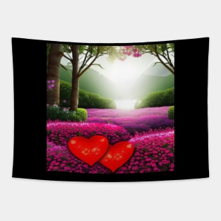 Valentine Wall Art - Hearts in a sunrise garden - Unique Valentine Fantasy Planet Landsape - Photo print, canvas, artboard print, Canvas Print and T shirt Tapestry